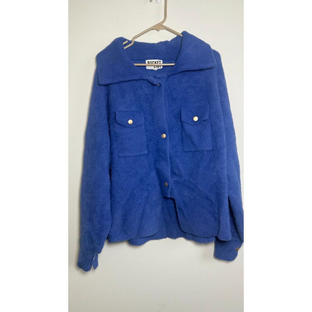 Bucket List Women’s Medium Cobalt Blue Fuzzy Shacket Snap Front Jacket